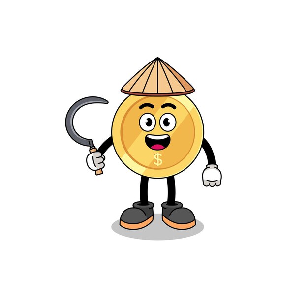 Illustration of dollar coin as an asian farmer character design