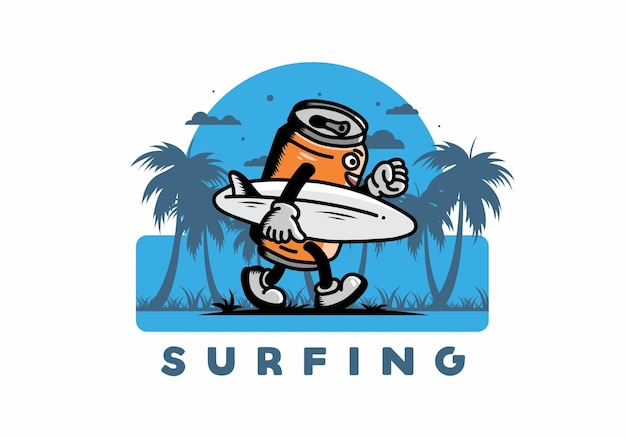 Illustration of a drink can holding a surfboard