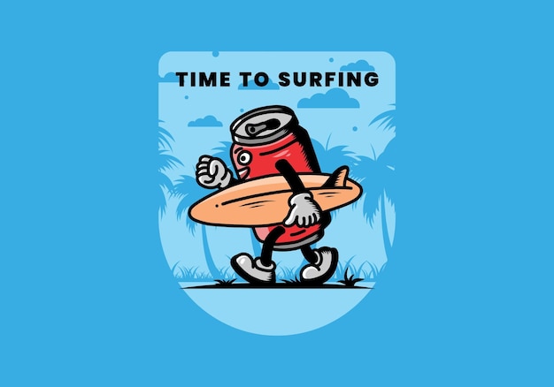 Illustration of a drink can holding a surfboard