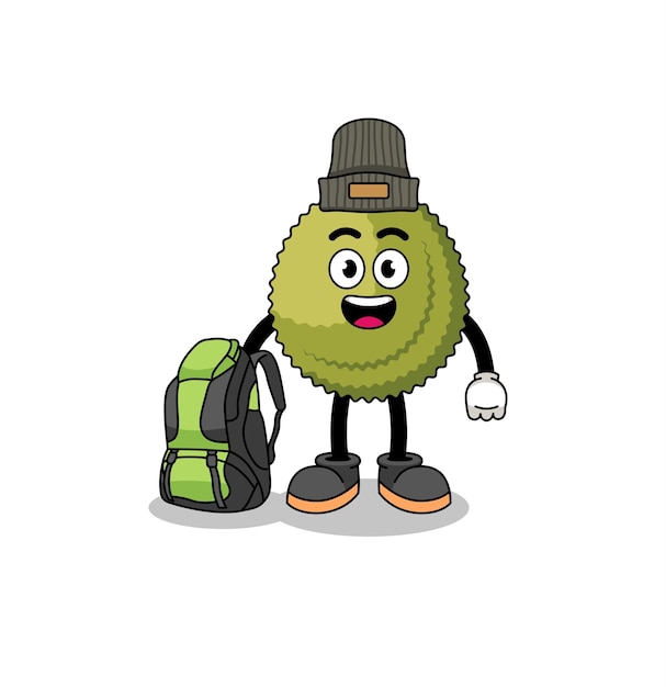 Illustration of durian fruit mascot as a hiker character design