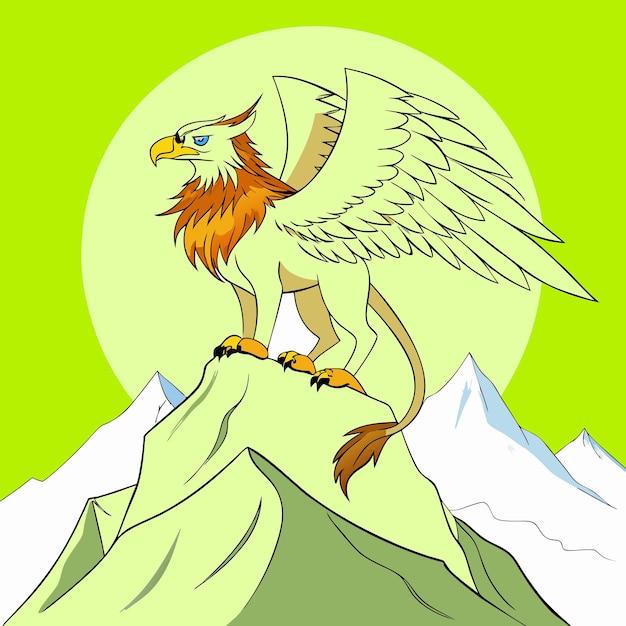 an illustration of an eagle with a mountain in the background