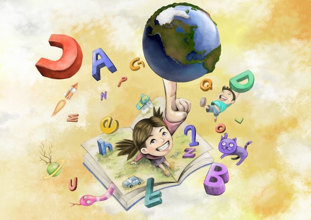 Illustration of Earth, Boy Girl and Alphabet Animals in a Book