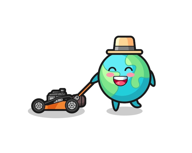 Illustration of the earth character using lawn mower , cute style design for t shirt, sticker, logo element