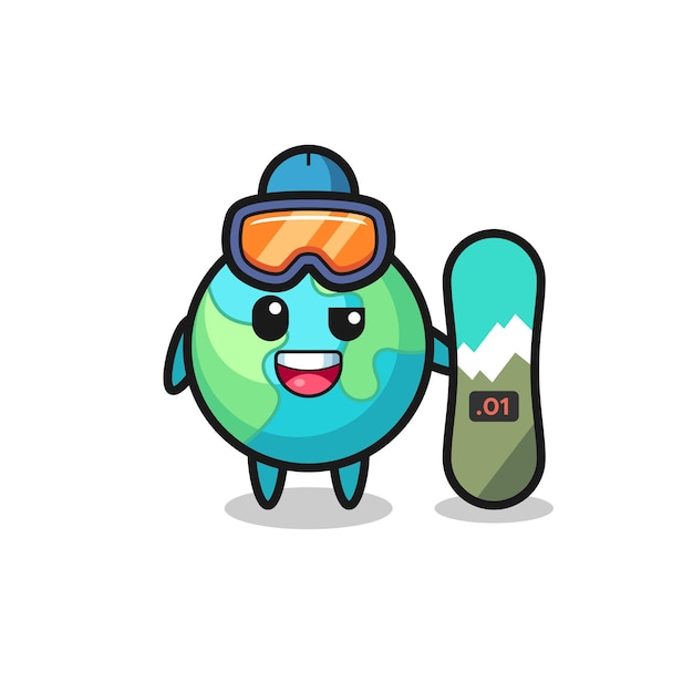 Illustration of earth character with snowboarding style , cute style design for t shirt, sticker, logo element