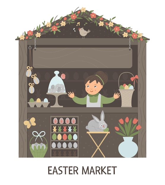  illustration of Easter market stall with saleswoman with place for text. Little shop with spring holiday goods. Cute cartoon style banner with eggs, bunny, flowers.
