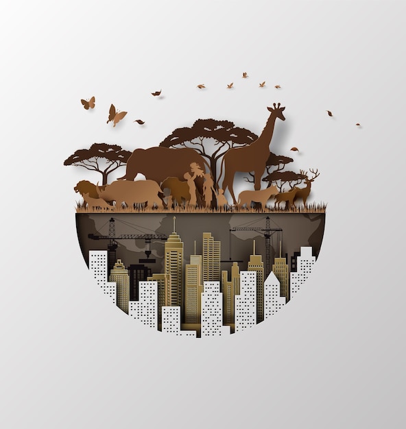 illustration of eco concept and  animal in forest , vector of paper art.