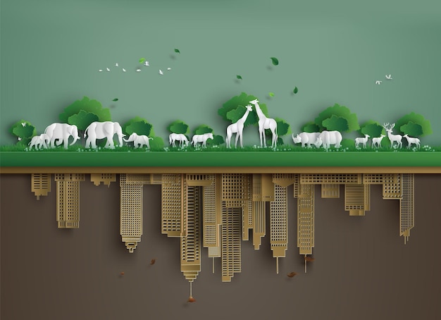 Illustration of eco concept and  animal in forest  vector of paper art