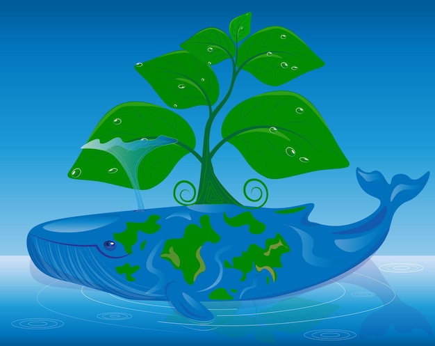 Illustration of the ecology of our world The whale personifies the planet earth in the ocean an ecology tree grows on it Let's save our beautiful nature together