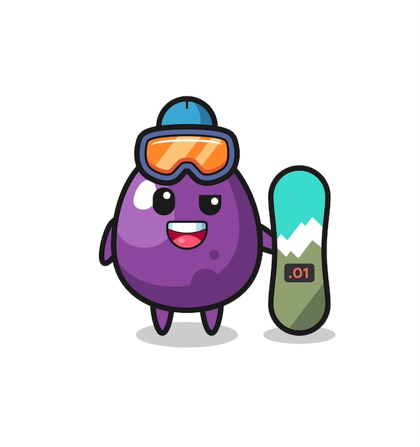 Illustration of eggplant character with snowboarding style cute eggplant character is holding an old telescope