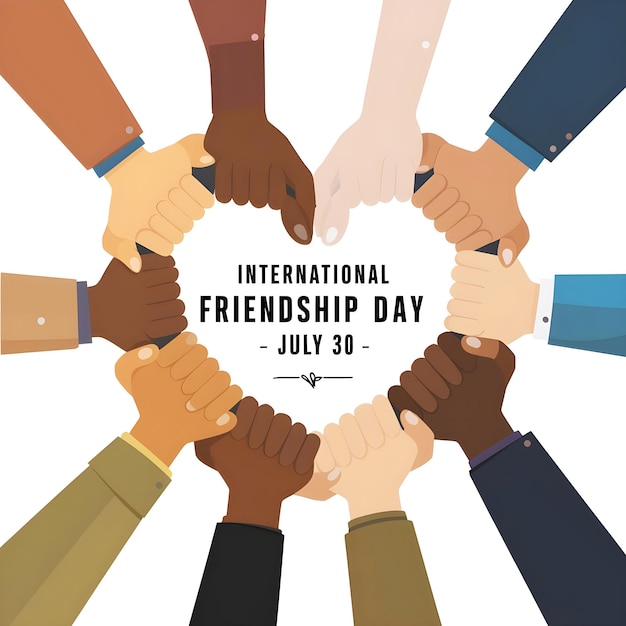 Illustration of eight hands of varying skin International Friendship Day with a white background