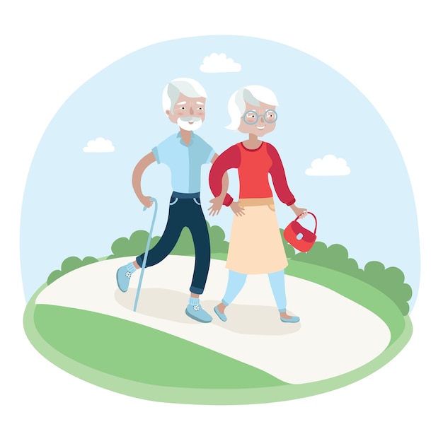  illustration of elderly couple walking in the park