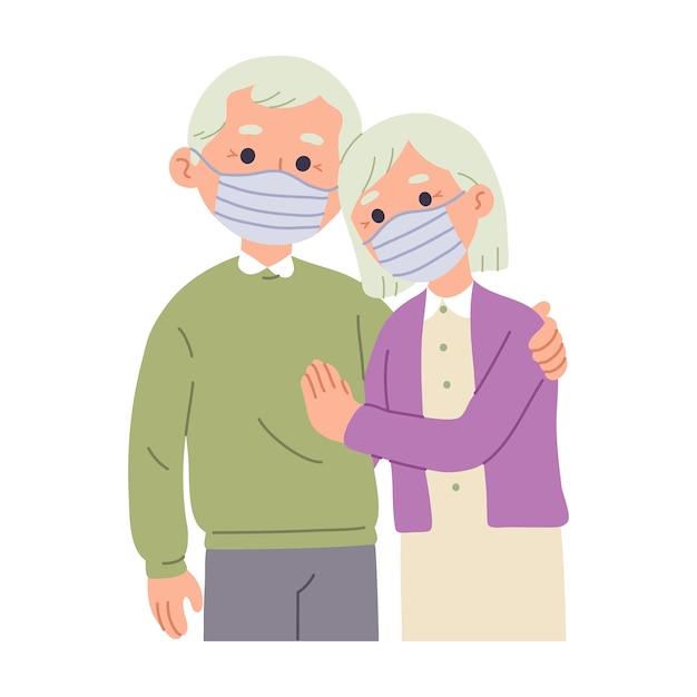  illustration of an elderly couple wearing a mask on their faces