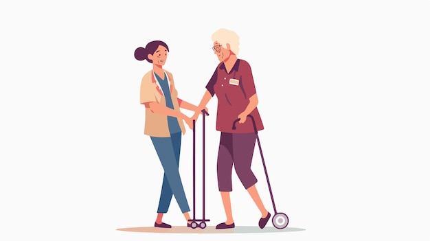 an illustration of an elderly woman with a walker and an elderly woman