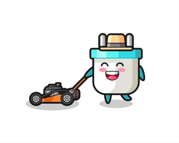 Illustration of the electric plug character using lawn mower