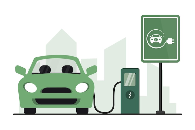 Illustration of electric vehicle charging station with a car on city view background Charging electric car battery at electric recharge station Soncept illustration for green environment ecology