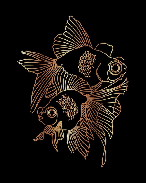 Illustration elegant contour gold fish on a black background Print poster wall art