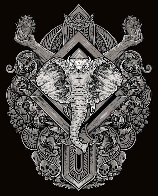 Illustration of Elephant head with vintage engraving ornament in back perfect for your business and Merchandise