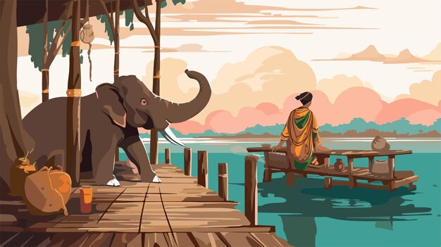 Vector an illustration of an elephant and a man in a boat with a man in a yellow shirt