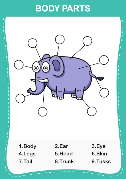 Illustration of elephant vocabulary part of bodyWrite the correct numbers of body parts