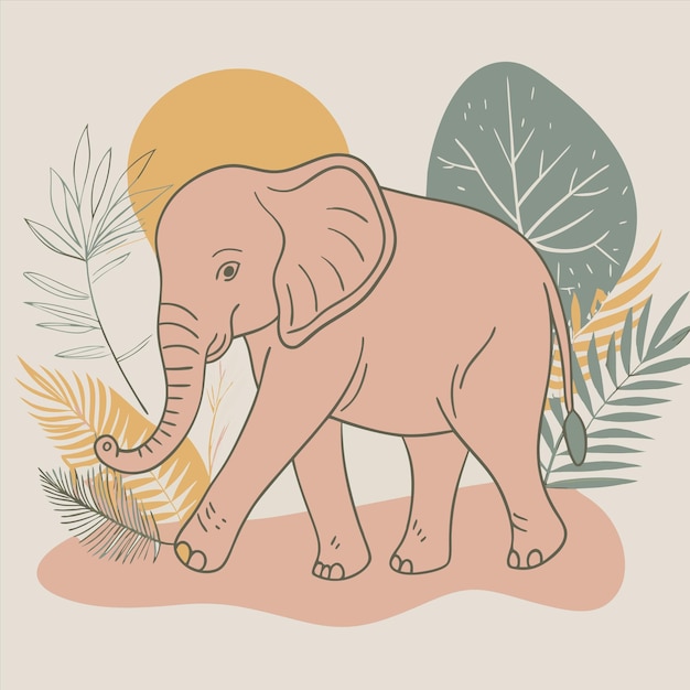 Vector an illustration of an elephant with palm trees and palm leaves