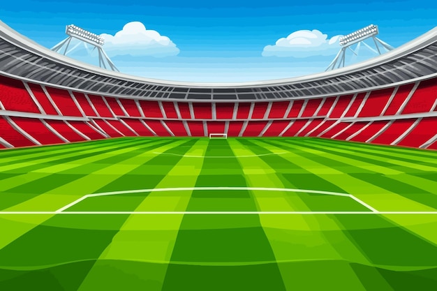 an illustration of an empty stadium with a green field and a blue sky background