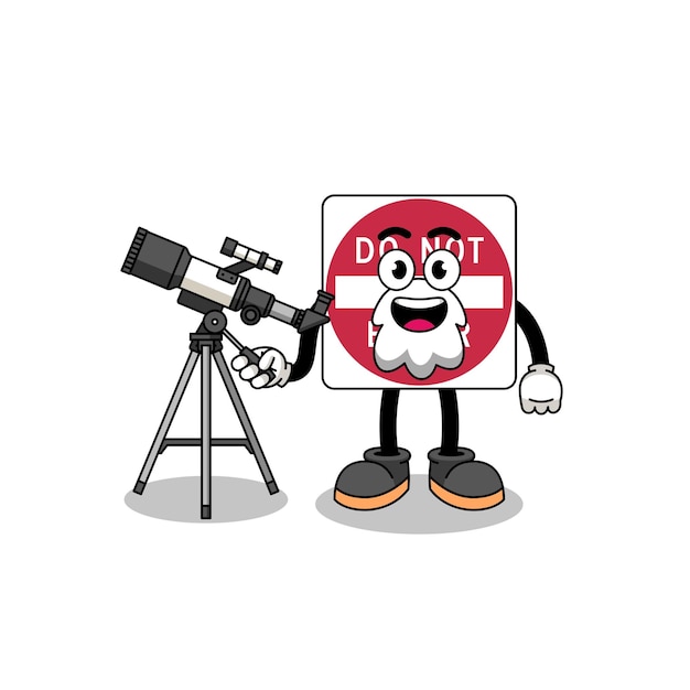 Illustration of do not enter road sign mascot as an astronomer