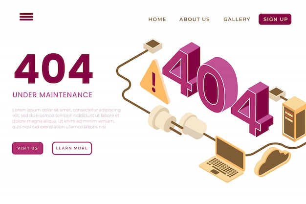 Illustration of error page, 404 error page with the concept of isometric landing pages and web headers, under construction web page