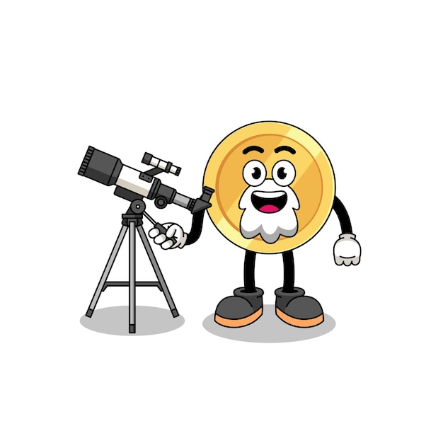 Illustration of euro coin mascot as an astronomer character design