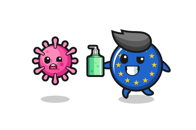 Illustration of europe flag badge character chasing evil virus with hand sanitizer