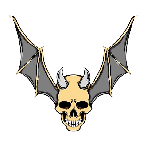 illustration of evil head skull with iron horns and golden bat wings