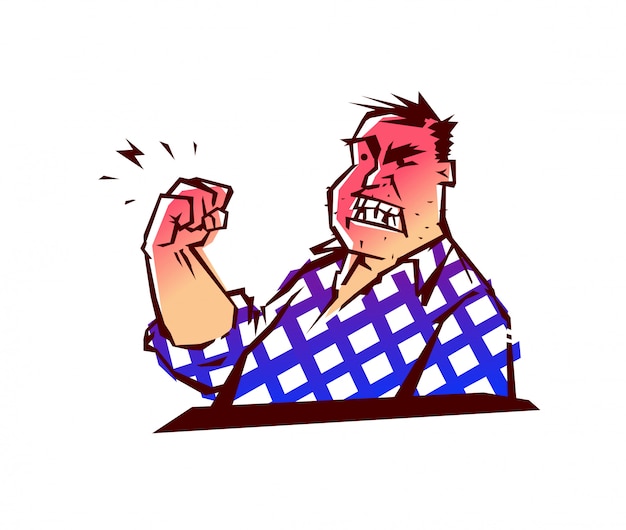 Illustration of the evil man. A man is threatening with his fist. Vector.