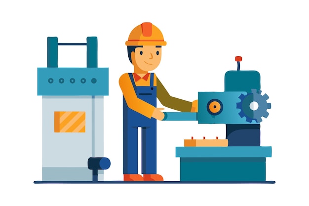 Vector illustration of a factory worker operating industrial machinery in a manufacturing setting