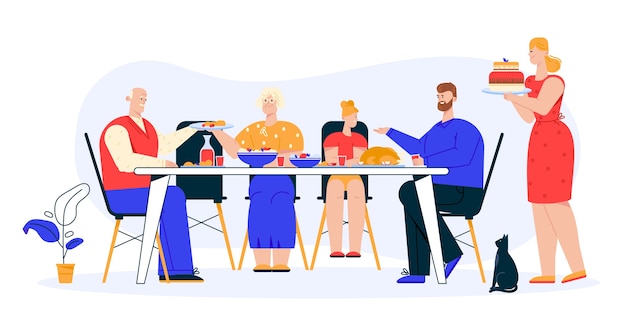  illustration of family dinner. Grandfather, grandmother, daughter and dad sitting at festive table, eating dishes. Mom serves dessert cake. Family holidays, traditions, relationships