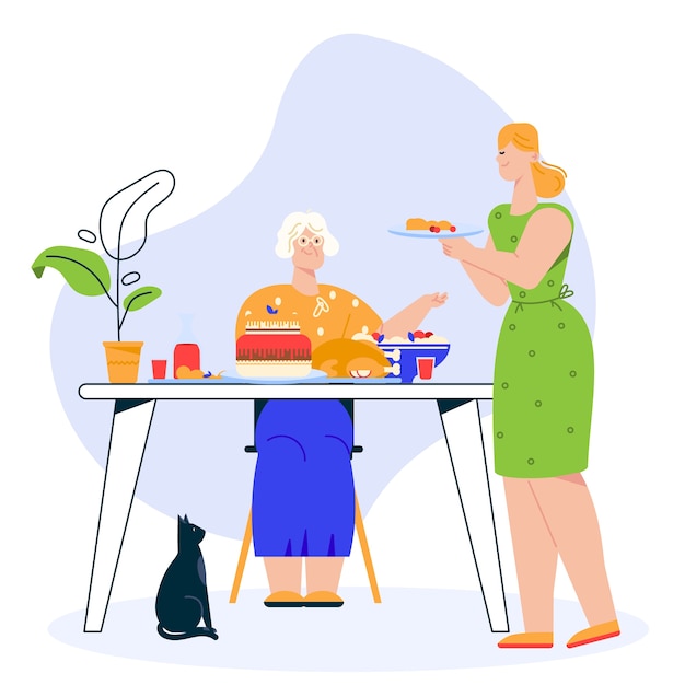  illustration of family dinner. Grandmother sits at festive dining table. Granddaughter or daughter serves dish. Family celebrates holiday, eating food together, relationship concept