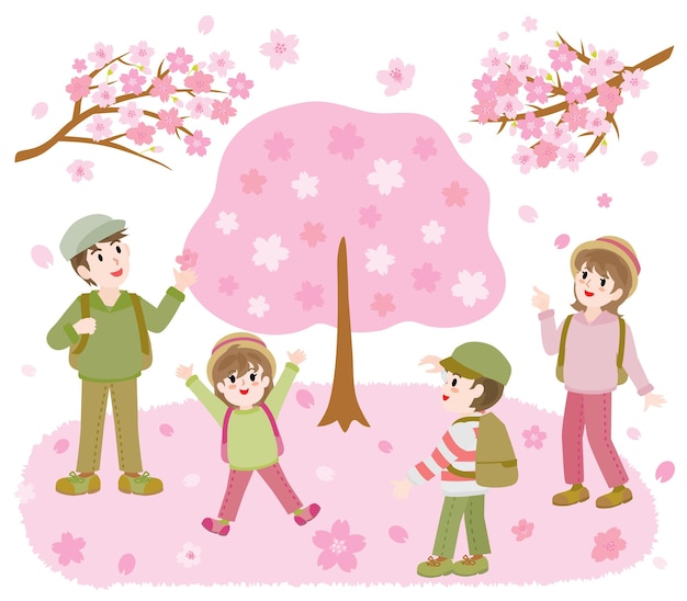 Illustration of the family doing cherry blossom viewing in spring