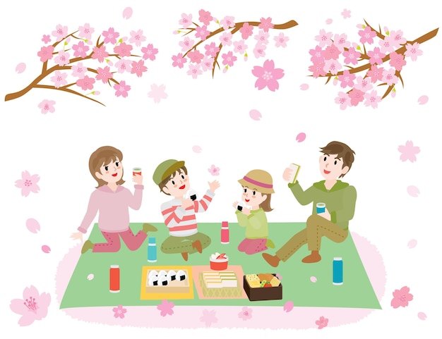 Illustration of the family doing cherry blossom viewing in spring