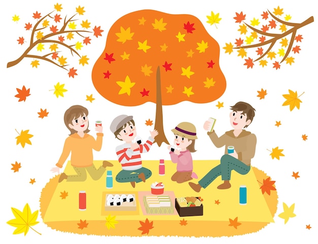 Illustration of the family doing maple tree viewing