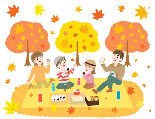 Illustration of the family doing maple tree viewing