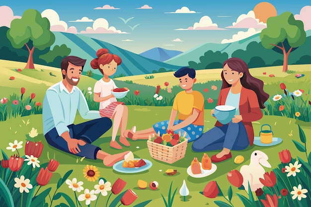 Illustration of a family enjoying a picnic on a sunny day in a green field with mountains in the background Two adults and two children are seen sitting on a picnic blanket