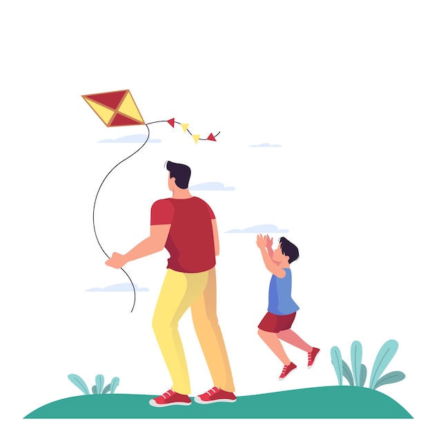 Illustration of family spending their time in the park. Father and his son playing with kite outdoor. Family having fun in the park. Outdoor activities.