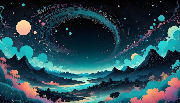 Illustration of a fantastical landscape with mountains a river and a swirling galaxy