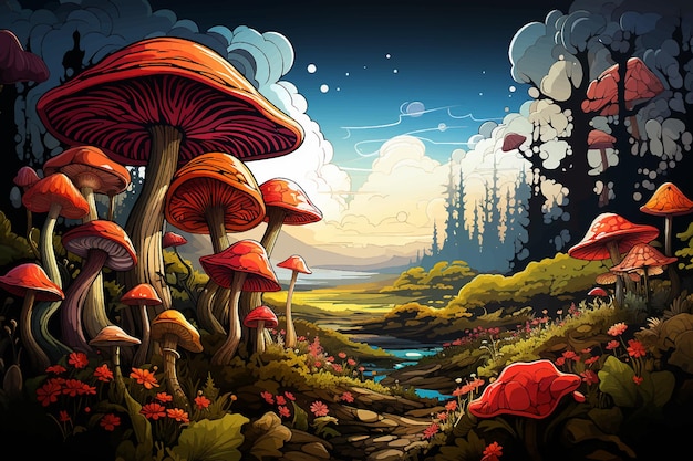 Illustration fantasy of neon forest glowing colorful look like a fairytale