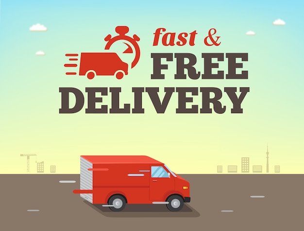 Illustration of  fast shipping concept. Truck van of delivery rides at high speed