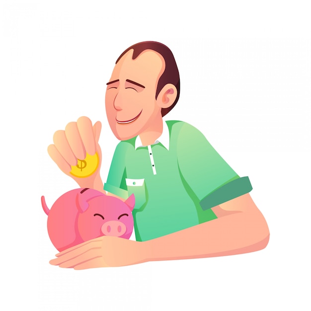 Illustration of a father saving money for the future and a piggy bank