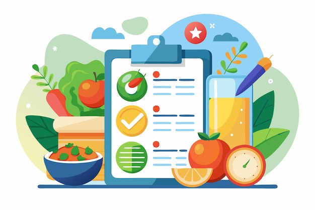 Vector the illustration features a meal planning checklist surrounded by fresh fruits vegetables and a refreshing drink customizable diet illustration