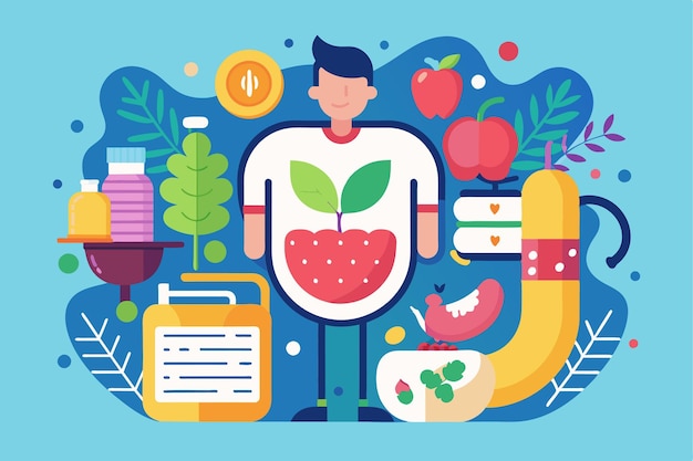 Vector the illustration features a person surrounded by foods promoting gut health for tailored nutrition choices gut health customizable flat illustration