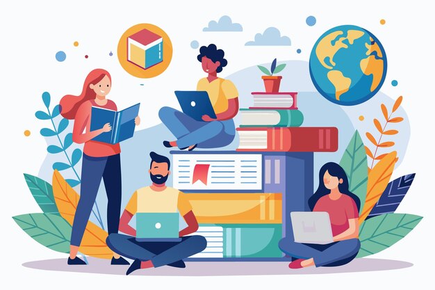 Vector an illustration featuring a group of people of different races and genders learning together surrounded by books laptops and a globe