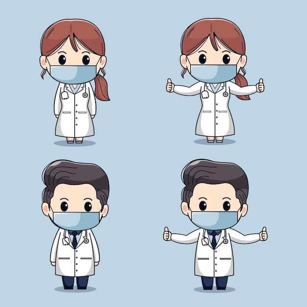 Illustration of female doctor and male doctor with thumbs up wearing masks Cute character design