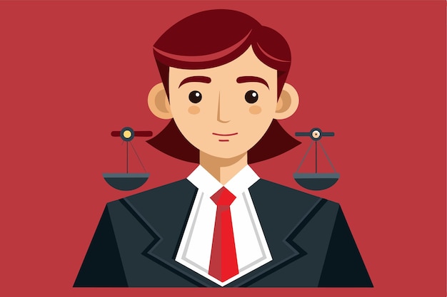 An illustration of a female lawyer wearing a suit and tie with scales of justice Lawyer Customizable Disproportionate Illustration