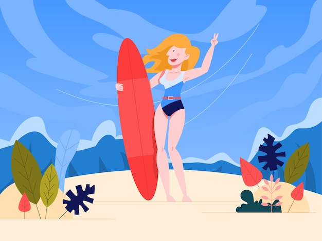  illustration of female surfer on the beach. Woman in a swimsuit holding a surfboard.  illustration in  style